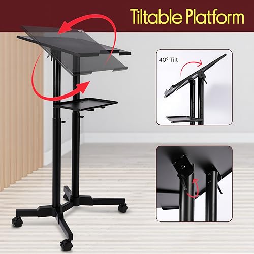Pyle Lectern Podium Stand | Adjustable Height Top Shelf, Bottom Shelf, Locking Plastic Wheels, & LED Reading Light | Mobile Standing Desk for Classrooms & Presentations | Portable Rolling Table Design by Pyle - Image 4
