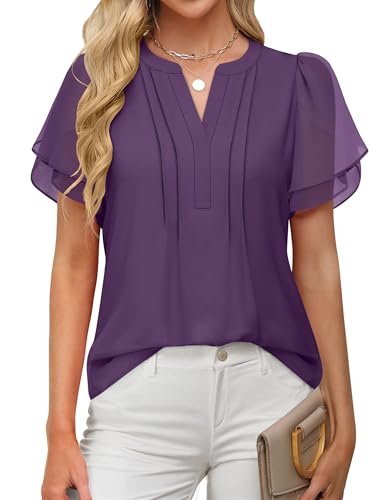 ANRABESS Womens Dressy Chiffon Blouses V Neck Petal Short Sleeve Shirts 2025 Summer Casual Business Office Work Tops