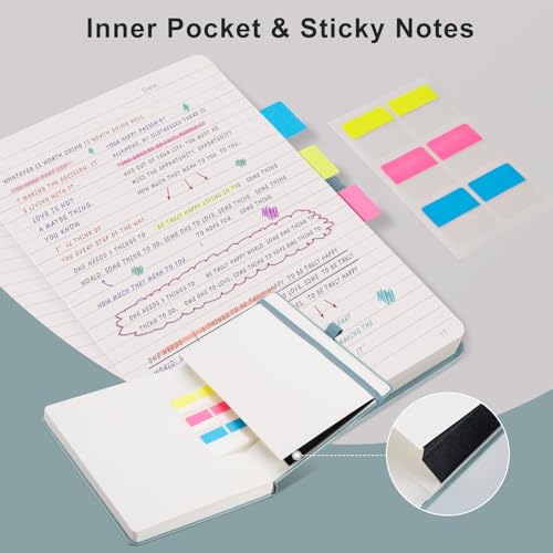 EMSHOI Notebook A5 Lined - 100gsm Hardcover Leather Journal with Sticky Notes, 192 Numbered Pages College Ruled Notebook for Women Men Work School Writing Journaling, 14.5 X 21 cm - Gray Blue - Image 4