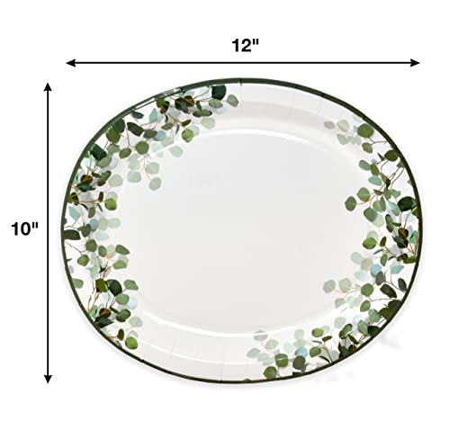 50 Count Eucalyptus Greenery Oval Paper Plates 10" X 12" Large Disposable Platters Party Goods Set Green Leaves Floral Design Serving Dish Tray For Spring Dinner Wedding Party Tableware Supplies Decor #TOP3