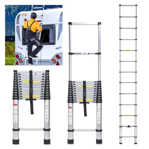 Joparri Teleskopleiter 5M Ausziehbare Leiter Aluminium 150 kg Belastbarkeit, Rutschfester Aluleiter Stehleiter Mehrzweckleiter Ausziehbar Aluminiumleiter, Teleskop Ausziehleiter