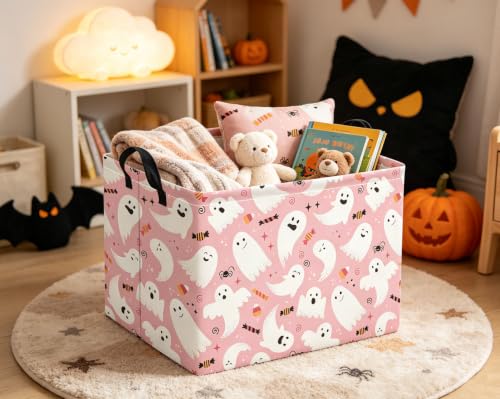 Image of Rectangular Halloween Basket for Boys and Girls Kids Trick or Treat Pumpkin Basket for Halloween Parties Cute Storage Bin Organizer Box Room Decor(Pink Halloween)