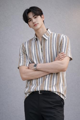 Image of London Hills Men's Loose Fit Half Sleeve Vertical Striped Polo T-Shirt with Zip Collar | Premium Polyester Fabric | T Shirt for Man | Tshirt | Shirts Men | Tshirt for Man | Men T-Shirts