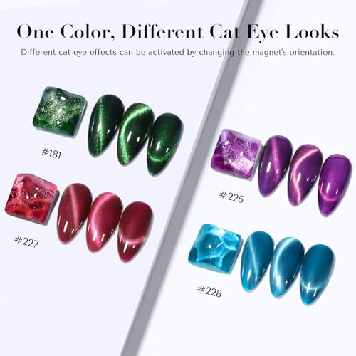 Image of AZUREBEAUTY Cat Eye Magnetic Nail Polish Set, Quick Dry Non-Gel Holographic Fingernail Mooncat Polish with Top Coat, 4 Colors (Red, Purple, Green, Teal), DIY Salon at Home Manicure for Women