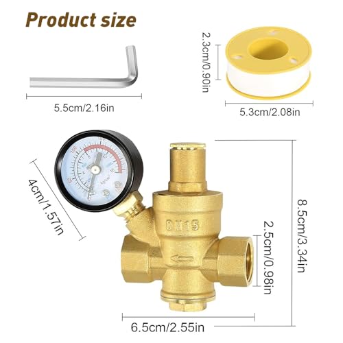 Riisoyu Druckminderer Wasser 1/2 Zoll DN15 mit Manometer, Hergestellt aus 100% Hohe Härte Messing Wasserdruckminderer mit Einstellwerkzeugen Einstellbarer Wasserdruckregler Druckreduzierventil
