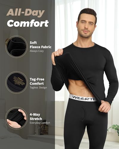Thermal Underwear for Men Long Johns Set Fleece Lined Winter Cold Weather-Black L - 1