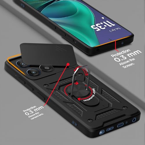 Image of Pikkme Back Cover for Motorola Moto Edge 60 Stylus 5G | 360 Protection Case | Sliding Camera Shield Cover & Ring Holder Stand D10 Tough Armor Bumper Case (Black)