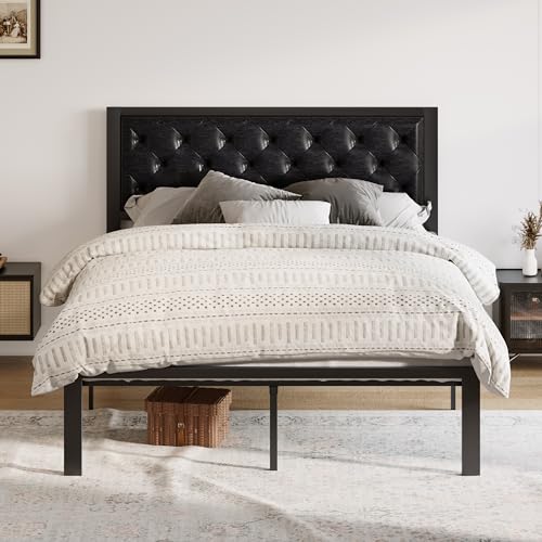 Image of Allewie Queen Bed Frame with Faux Leather Upholstered Headboard, Chic Diamond Stitched Tufted Design, No Box Spring Needed, Black
