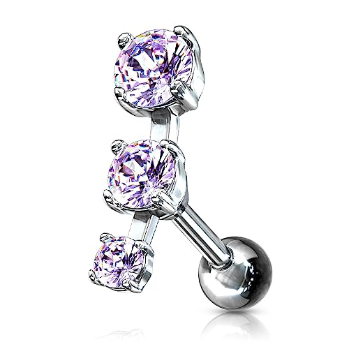 Forbidden Body Jewelry 16g 6mm Surgical Steel Triple CZ Crystal Curved Cartilage Stud Earring
