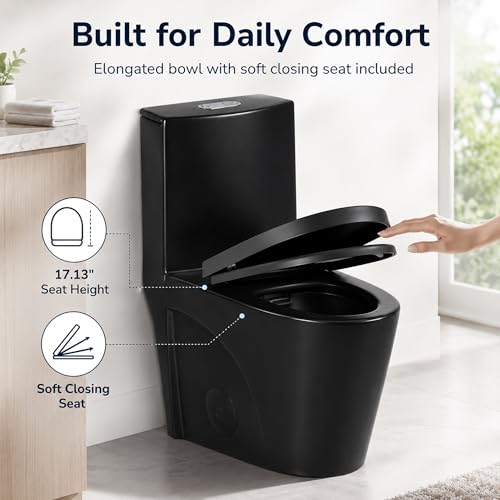 Inodoro de una pieza negro, descarga dual 1,1/1,6 galones por descarga, forma alargada y altura cómoda, asiento de cierre suave, cerámica, montaje en piso miniatura 4