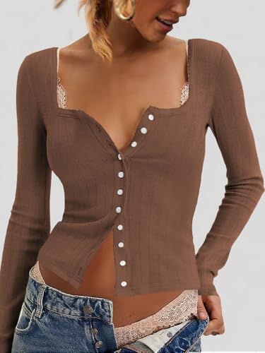 Women Ribbed Knit T-Shirt Tops Long Sleeve Button Down Stretchy Slim Fit Scoop Neck Blouse3