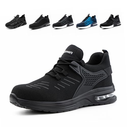 Loiston Zapatos de Seguridad para Hombre Zapatillas Trabajo Mujer Puntera de Acero Ligero Colchón de Aire Amortiguación Calzado de Seguridad SM2 NegroNegro EU43