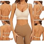 Shewant Low Back Bra for Women Wirefree Seamless Bra Backless Multiway Straps Convertible Halter Bra with Padding Removeable Beige