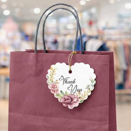 Image of CVANU Heart Shaped Thank You Tags 150-Pcs with Golden String, Floral Design Gift Tags for Wedding Favors| Birthday Party| Small Business Packaging (2.16x2.36 inch) D7
