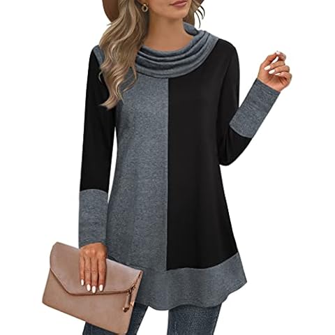 Youtalia Ladies Tops for Leggings, Womens Color Block Tunic Top Loose Fit Warm Cowl Neck Stretchy Knit Tops Chic Flared Hem Long Sleeve Tunics Black Large Cover