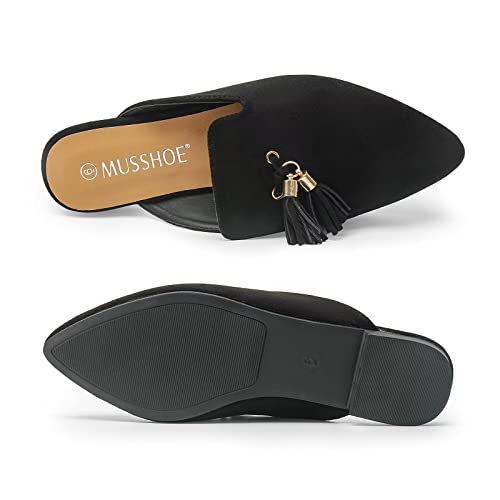 Musshoe Mules For Women Comfortable Pointed Toe Backless Slip-On Slides Loafer Flats With Tassels,Black 7 #TOP4