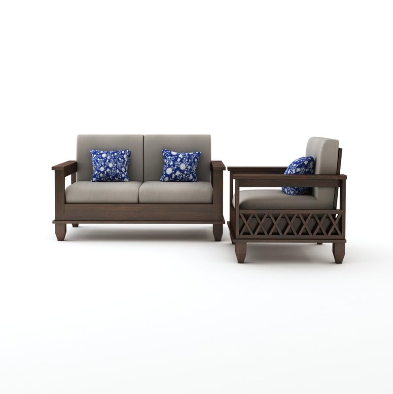 Image of STRATA FURNITURE Sheesham Wood 3 Seater Sofa Set for Living Room Hall Home Solid Wooden 2+1 Seater Sofa Set Furniture (Walnut Finish)