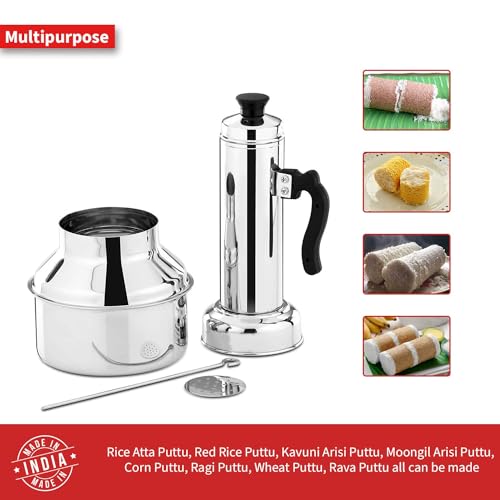 Image of PANCA Stainless Steel Puttu Kudam Maker with Steamer Plate | Traditional Puttu Kutti with Lid & Stick | Puttu Maker for Cooker Use | Puttu Kozha Puttumakker - 1.5 Litre