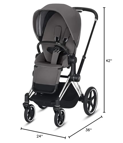 Image of Cybex Priam 3 Complete Stroller, One-Hand Compact Fold, Reversible Seat, Smooth Ride All-Wheel Suspension, Extra Storage, Adjustable Leg Rest, Manhattan Grey with Chrome Black Frame