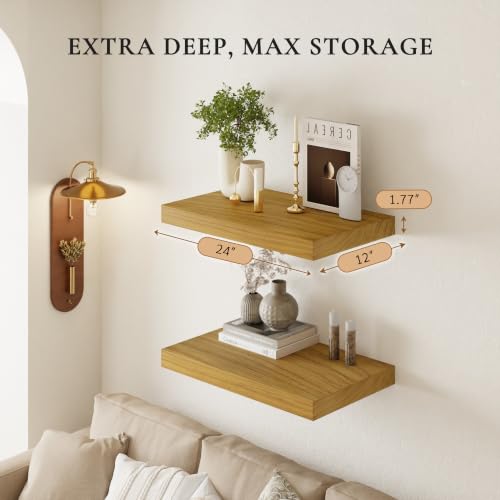 Image of 24 inch Extra Deep Floating Shelves, Set of 2, Natural Wood | 24 inchL x 12 inchD x 1.8 inchH, Set of 2, Solid Paulownia Wood, Natural Clear-Coat Finish, Hidden Brackets, Hardware Included