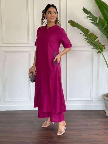 Image of Women's Cotton Embroiderd Long A-Line Kurti with Palazzo