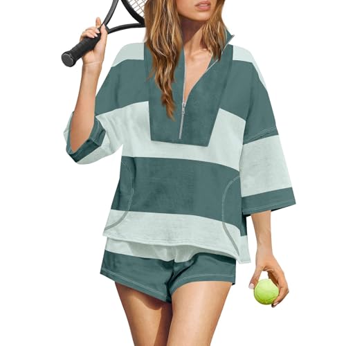NSICBMNO Green 2 Piece Outfits Women Summer Lounge Sets Shorts Co Ord Sets Striped Tracksuit Half Zip Sweatshirt Oversized T Shirts Gym Shorts Travel Outfit Airport Set For Tennis Yoga Casual Beach - Image 2