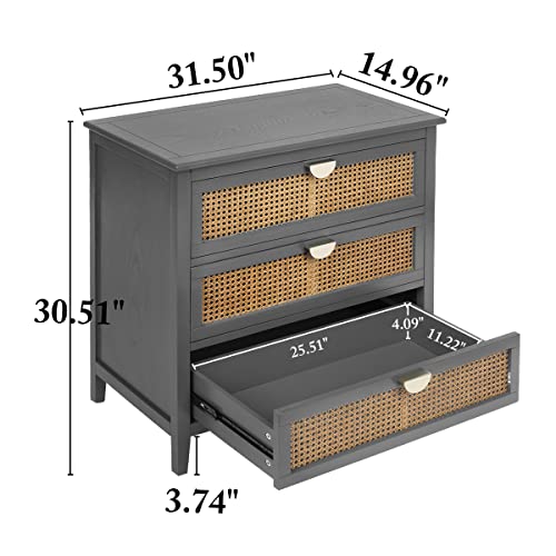 Peihonget 3 Drawer Dresser, Rattan Drawer Chest Modern Wood Storage Chest Of Drawers With Metal Handles Storage Dresser For Bedroom, Living Room, Hallway, Entryway (Grey) #TOP1