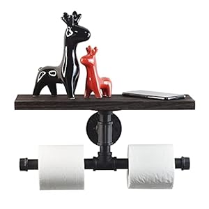 Toilet paper holder double roll rustic toilet paper roll holder with wooden shelf and industrial iron pipe pipe toilet paper holder for bathroom washroom  urban country home decor