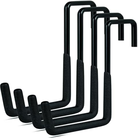 Gueryee 4 Pcs Rafter Hooks, Upgraded Fence Hangers, Heavy Duty Bike Hangers for Garage, Ladder Hooks, Black S Hooks, Garage Hangers for Hanging Plants, Chairs, Bikes, Ladders, Cords, Hose and More Cover