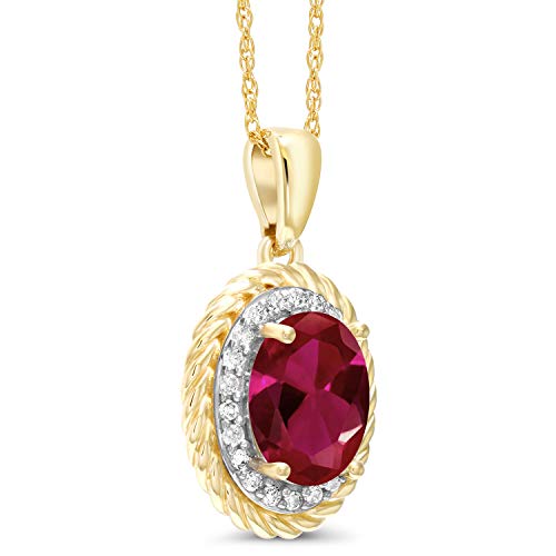 Gem Stone King 14K Yellow Gold Red Created Ruby And White Diamond Pendant Necklace For Women (1.30 Cttw, Oval 8X6Mm, With 18 Inch Chain) #TOP2