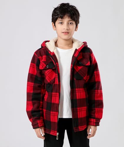 Image of Boys Fleece Jacket with Hood Unisex Child Sherpa Lined Zip Up Warm Coat Hooded Sweatshirt Outerwear