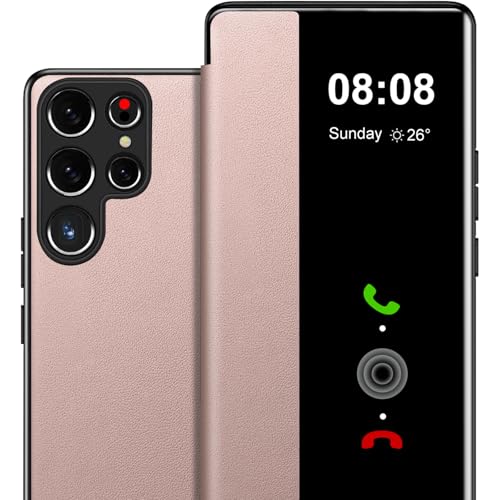 Flip Case for Samsung Galaxy S22 Ultra Case S View, Clear View Flip Folio Premium Leather Hard PC for Samsung Galaxy S22 Ultra Case, Luxury Anti-Scratch Phone Case Cover for Samsung S22 Ultra (Pink)