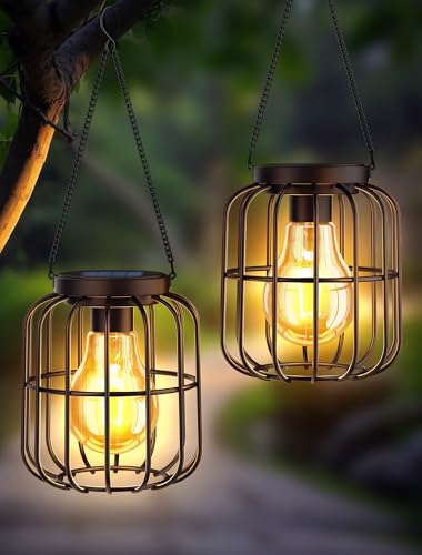 Solarlampen für Außen Hängend, 2 Stück Solarlaterne für Außen Balkon Deko Wasserdicht Metall Solar Laternen für Draußen Größer LED-Glühbirne Solarleuchten Garten Deko für Terrasse Rasen Hof