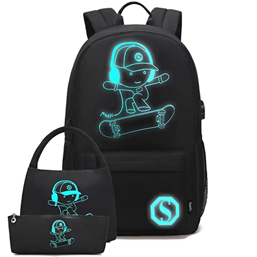 Pawsky Mochila escolar, mochila luminosa anime com trava de porta de carregamento USB e estojo para lápis para meninos e meninas adolescentes, Skate - 2, Large, Elegante