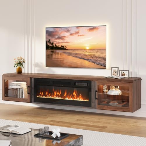 Image of 80 inch Floating TV Stand with Fireplace, High Gloss Finish Wall Mounted Fireplace Entertainment Center with Storage for TVs Up to 90 inch, Brown