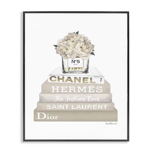 Image of 'Beige High Fashion Bookstack'| Framed Giclee Art | Stupell Industries | Black, 16 x 20 Inches, Easy to Hang and Sturdy, Made in USA, by Amanda Greenwood