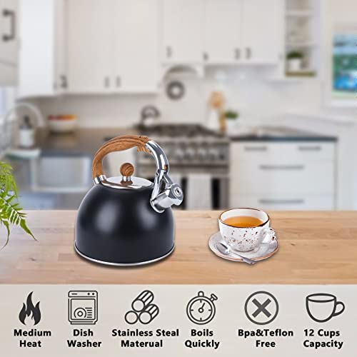 Foedo Tea Kettle, 102 Oz / 3 Liter Tea Pots For Stove Top With Wood Pattern Handle, Food Grade Stainless Steel Whistling Tea Kettle Stovetop-Black #TOP1