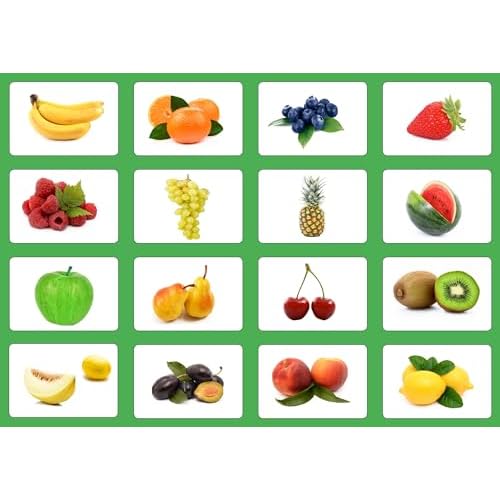 16 Stück Bildkarten Obst Vokabelkarten Lernkarten beidseitig folienkaschiert Verschiedene Obstsorten wie zum Beispiel Bananen Zitronen Weintrauben Melone Pflaumen