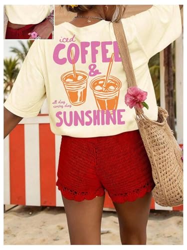 Image of RoseSeek Women's Graphic Letter Tee Crew Neck Drop Shoulder Trendy Summer T Shirt Short Sleeve Vintage Car Print Top