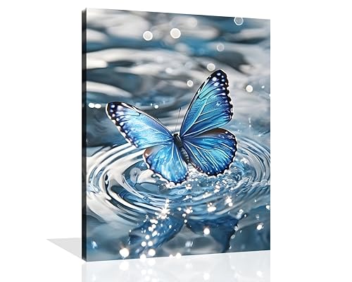OWNANRTHM Blue Butterfly Canvas Wall Art Butterfly Picture Framed Blue Butterflies Playing in the Water Poster Vintage Butterflies Painting for Bathroom Living Room Yoga Room Wall Framed 12X16 inch