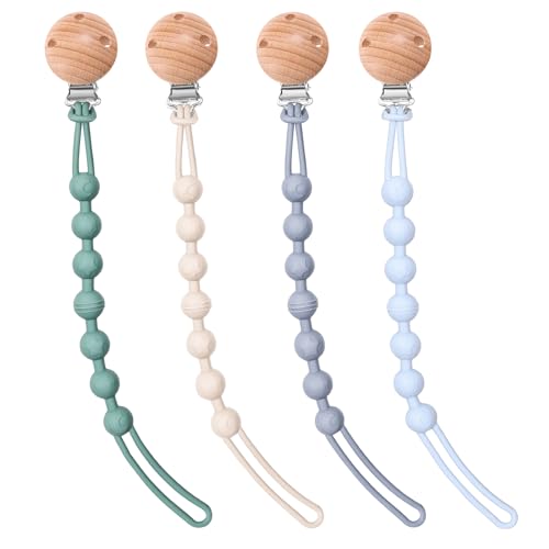 Image of AIXMEET 4-Pack Silicone Pacifier Clip Holder, Soft Flexible Binky Clips, Food Grade Silicone Pacifier Strap with Clip, Teethers Toys Clips, for Baby Boy and Girl,One Piece Design, Blue+green