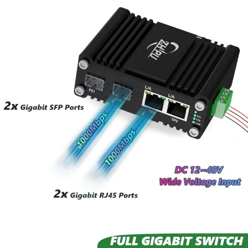 Image of Mini Industrial 2 Port Ethernet Switch with 2 SFP Slot, Hardened Gigabit Networking Switch Supporting Din-Rail, 12~48VDC Power Input, -40F to 176F, IP40 Rated Thicked Housing