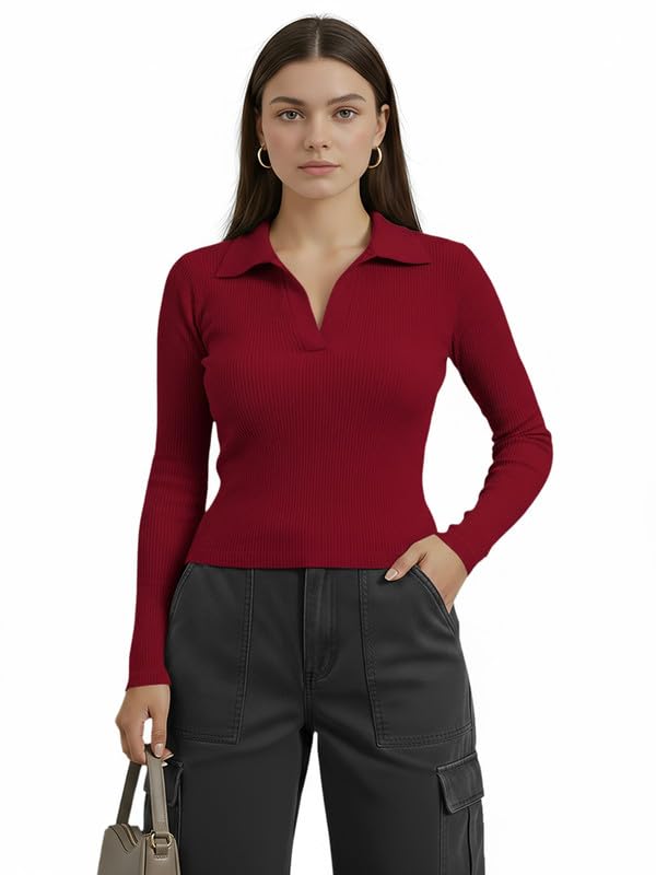 Image of Dream Beauty Fashion Women's Collared Neck Long Sleeve Slim Fit Casual Tee Top for Woman