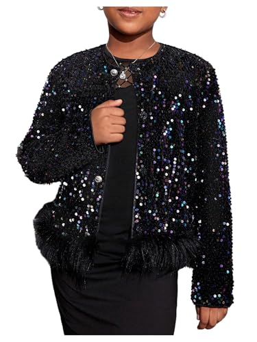 MakeMeChic Girl's Glitter Sequin Contrast Faux Fur Jacket Crew Neck Long Sleeve Button Down Y2K Party Coat