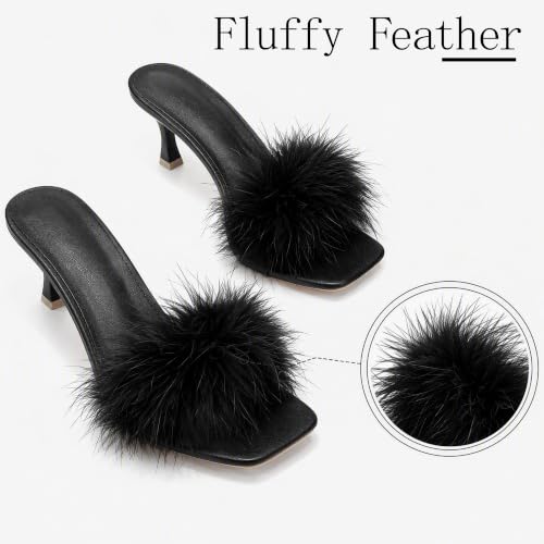 Image of YIBLBOX Women's Feather Heels Open Toe Sandal Fluffy Fur High Heel Shoes