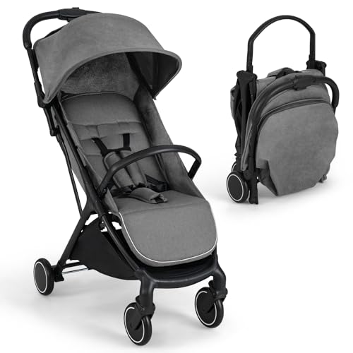 FANTASK Cochecito de bebé plegable, con capota ajustable, cinturón de seguridad de 5 puntos, cochecito de viaje con respaldo inclinable, cesta de almacenamiento, cochecito de hasta 15 kg (gris)