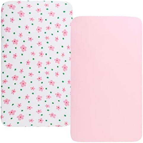 100% Jersey Knit Cotton Bassinet Sheet Set 2 Pack (33" x 19"), Ultra Soft Stretch Compatible with Mika Micky, Baby Delight, Dream On Me, Amke and Other Rectangle Mattress, Floral and Pink