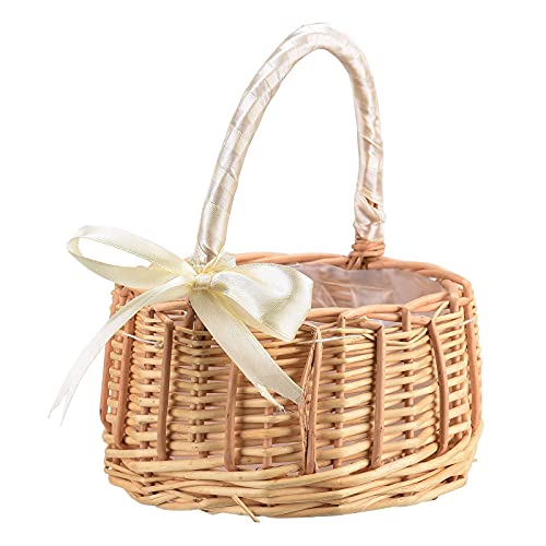 Goosacyon Wedding Flower Girl Baskets Flower Girl Basket Rustic Small Wicker Basket with Handle Willow Hand Woven Basket for Wedding Home Garden Decoration