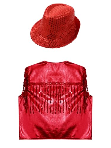 Girls Boys Ballroom Jazz Hip-Hop Dance Outfits Shiny Sparkle Sequins Jacket Vest Tops with Hat Sleeveless4