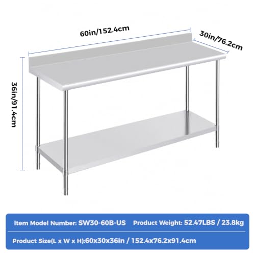Image of OSTBA Stainless Steel Table for Prep & Work 30x60 Inches with Backsplash, NSF Metal Commercial Heavy Duty Table with Adjustable Undershelf and Table Foot for Restaurant Kitchen Home and Hotel
